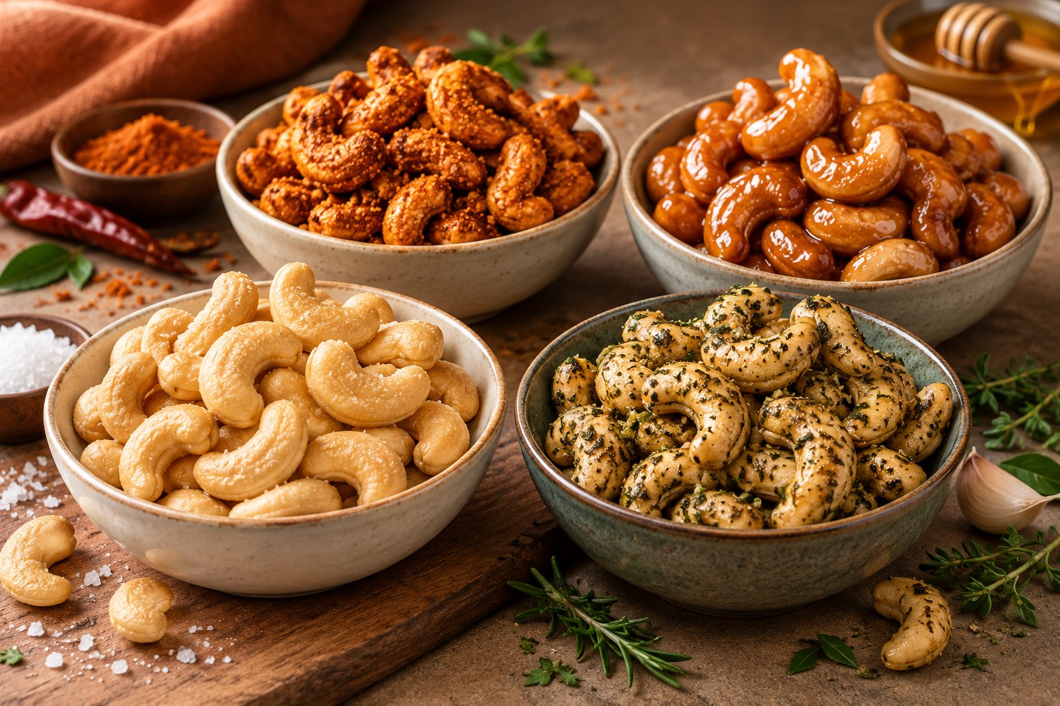 Roasted, masala, honey-coated and herb-seasoned cashews