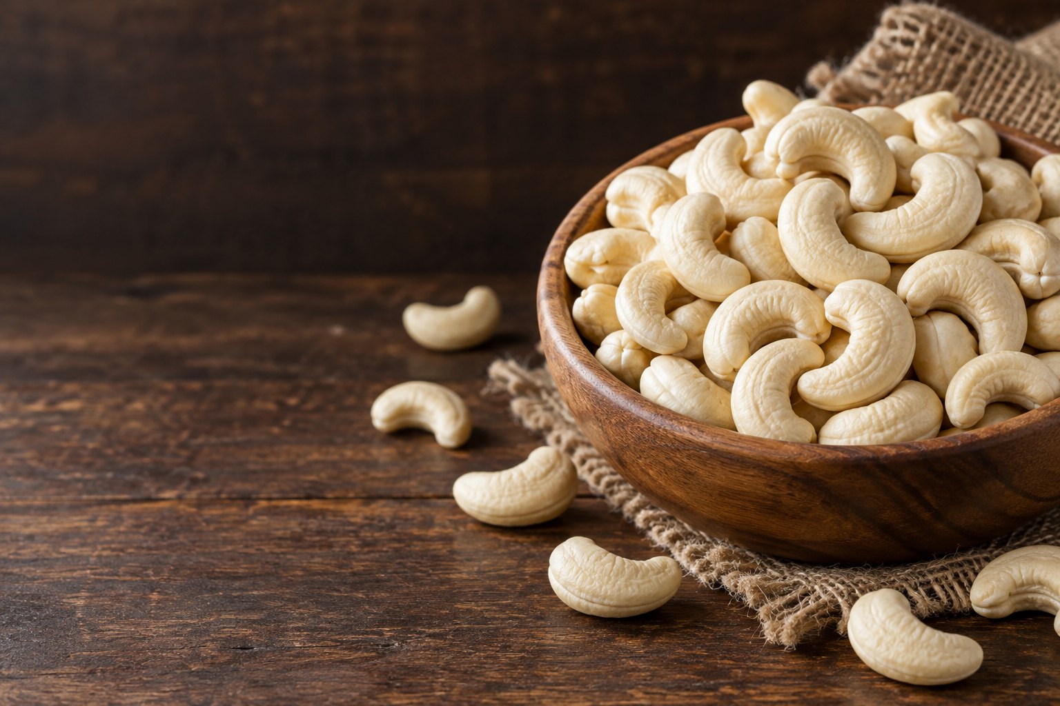 Whole Indian cashew kernels in a wooden bowl