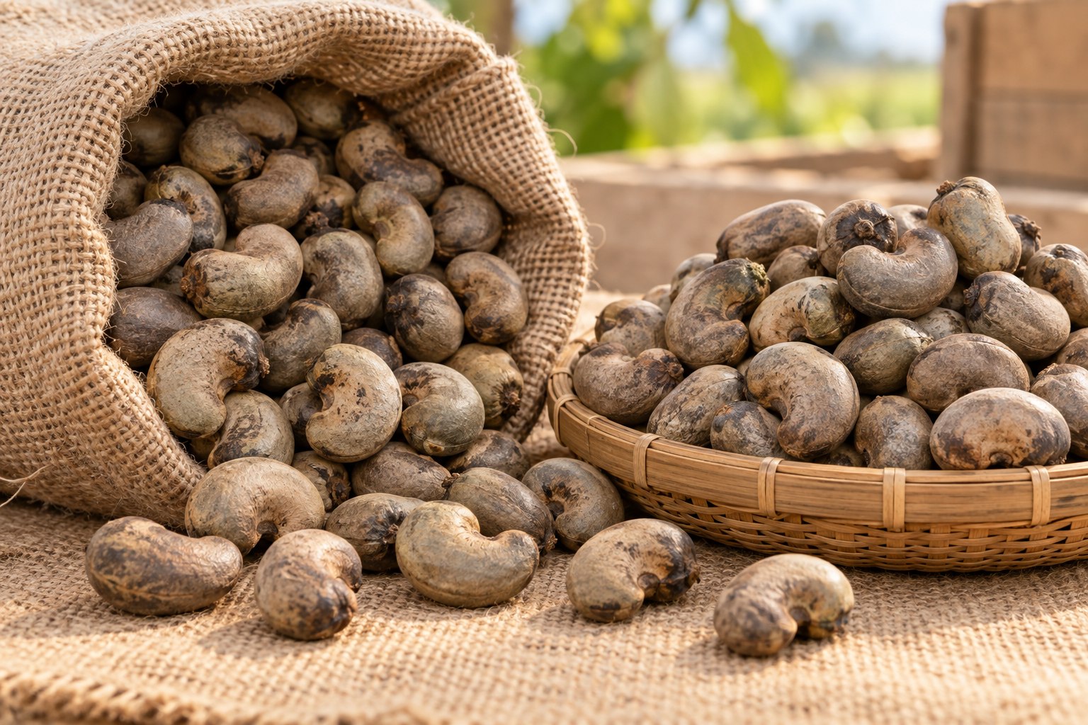 Raw in-shell cashew nuts in a jute sack and woven basket