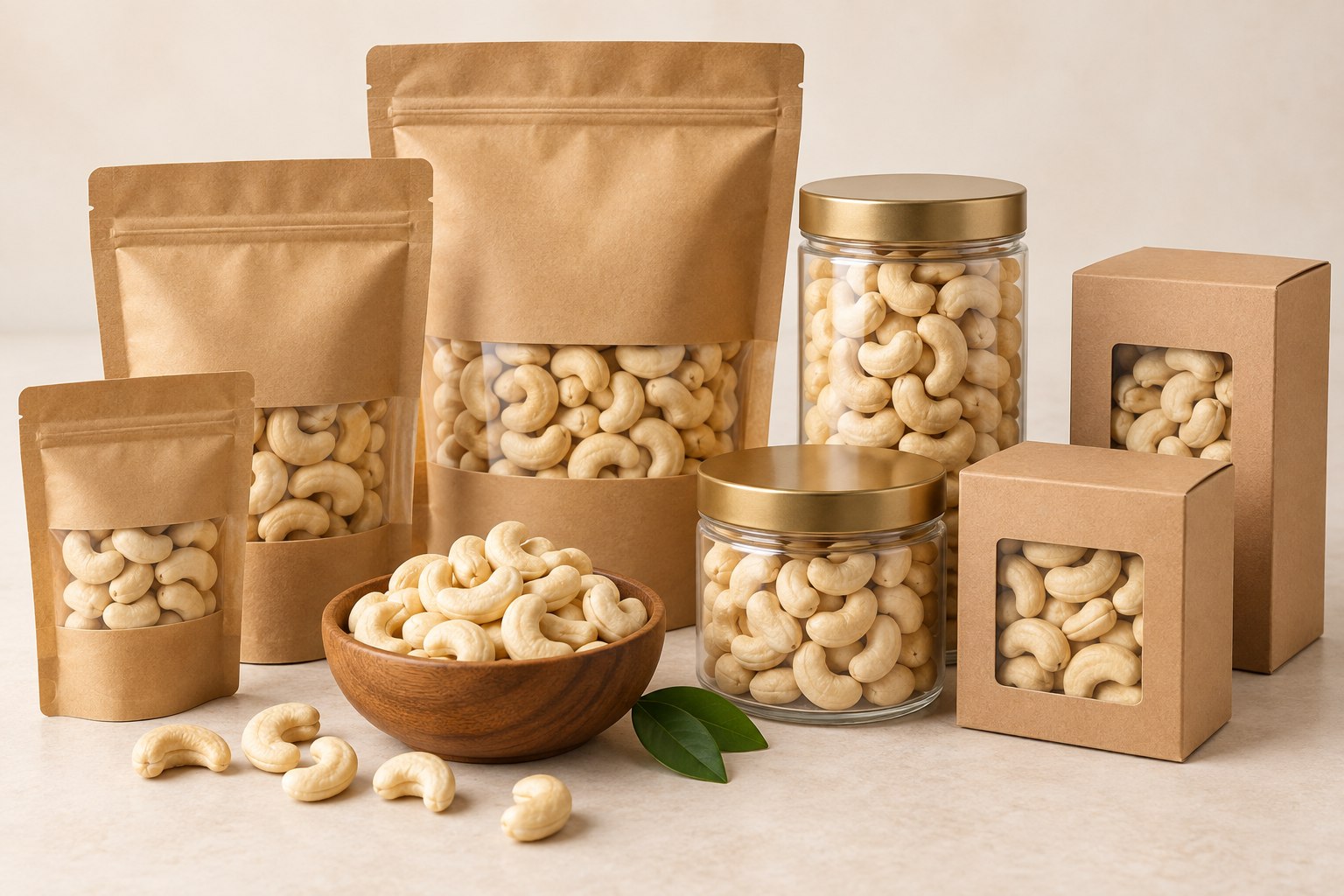 Retail-ready cashew pouches, jars and cartons for private label