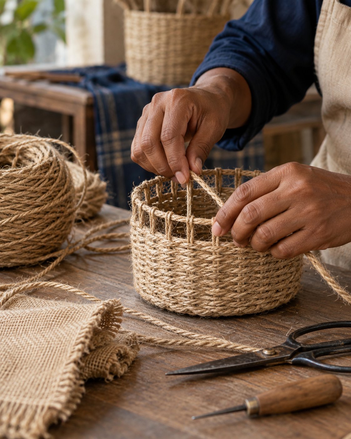 Artisan weaving a jute basket