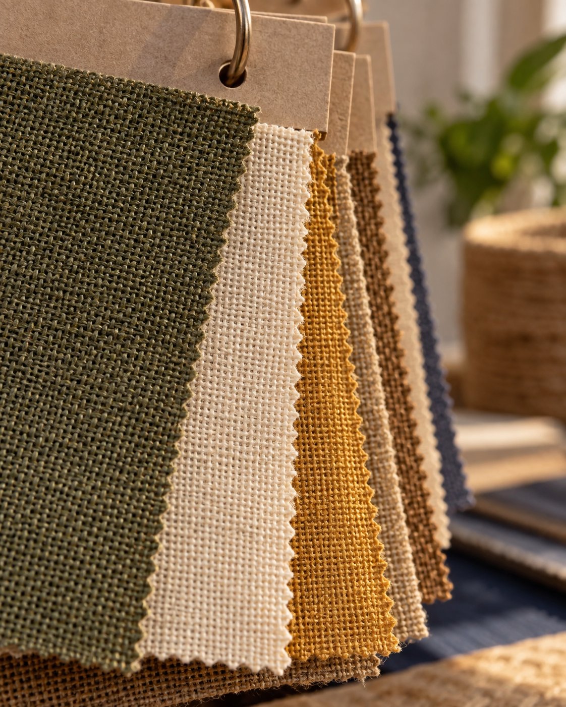Natural and dyed jute fabric swatches