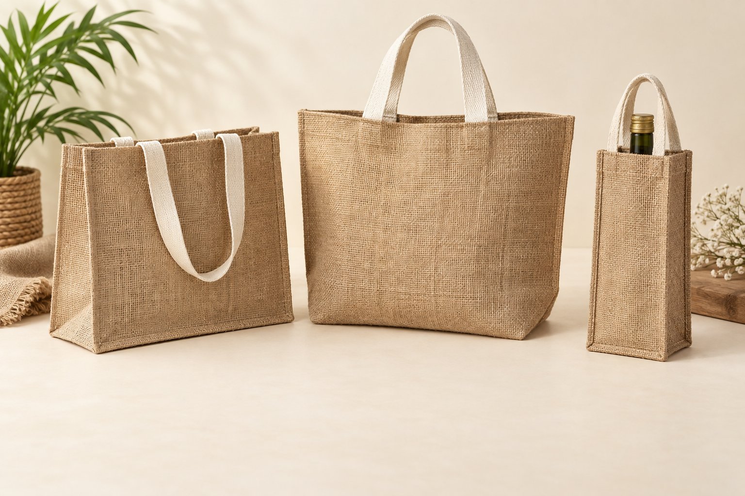 Illustrative natural jute shopping, tote and bottle bags