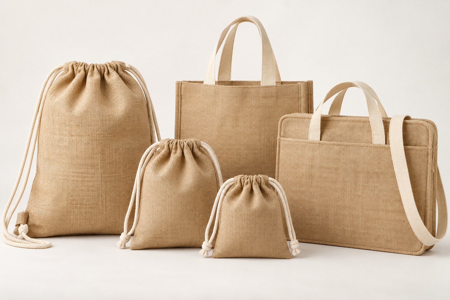 Jute drawstring pouches, backpacks and conference bags