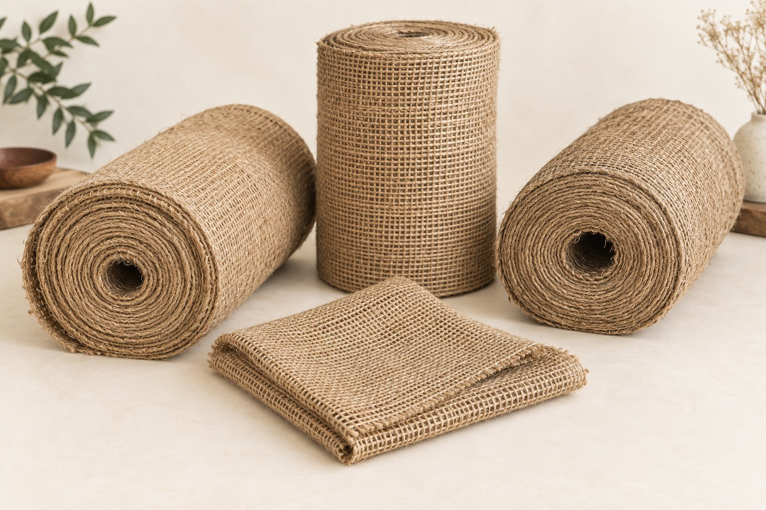 Illustrative hessian and burlap jute fabric rolls