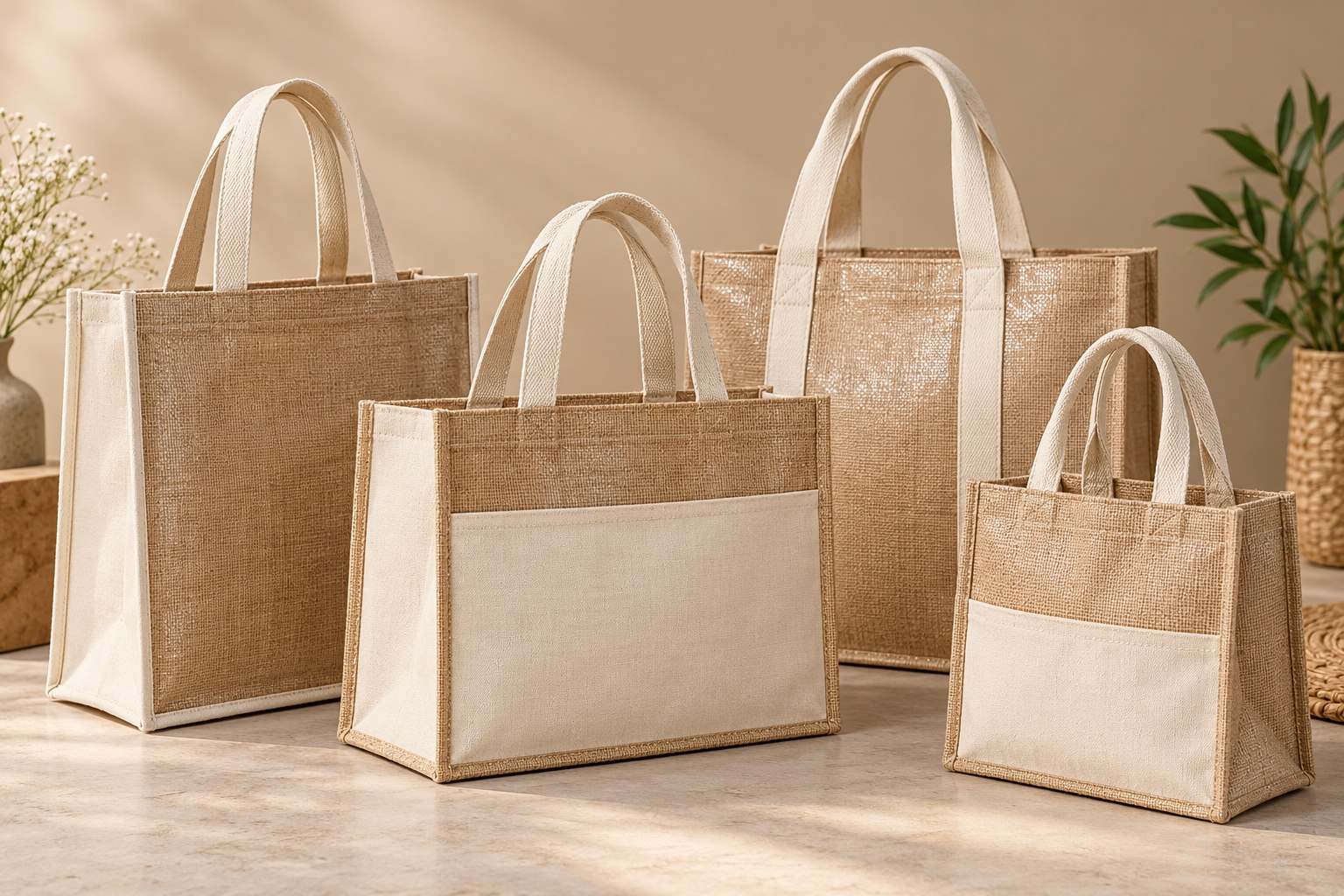 Laminated jute and jute-cotton combination shopping bags