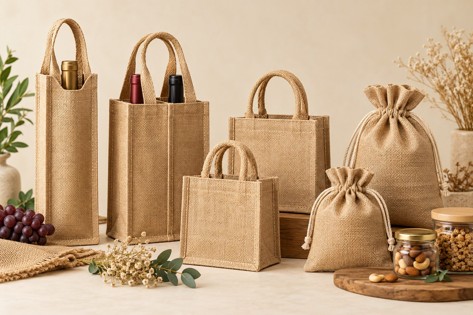 Jute wine carriers, gift bags and food packaging pouches