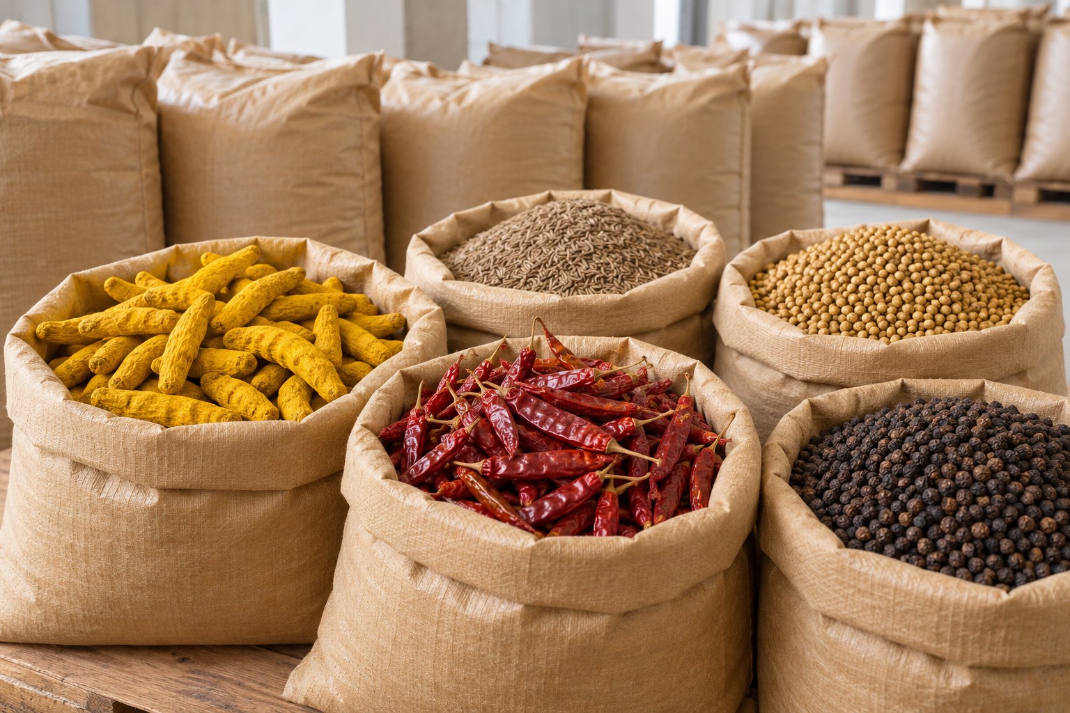 Food-grade bulk sacks filled with assorted whole Indian spices