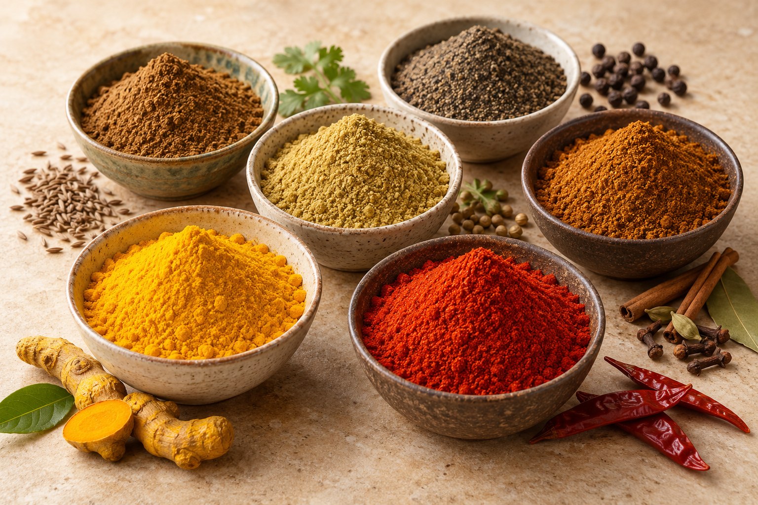 Bowls of ground Indian spices including turmeric, chilli, coriander and pepper
