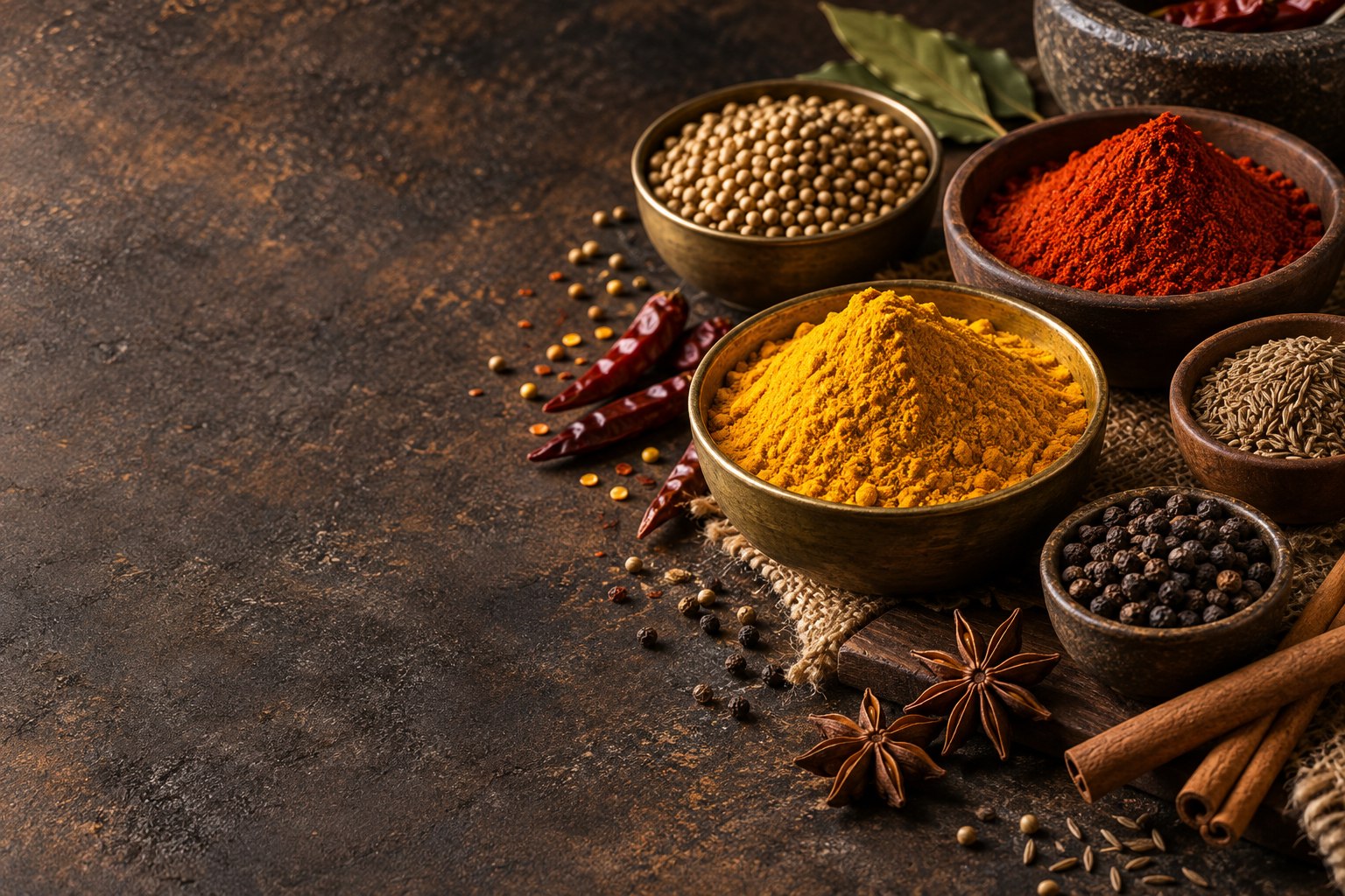 Bowls of turmeric, chilli powder and whole Indian spices
