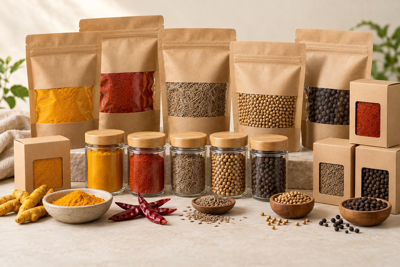 Market-ready spice pouches, jars and retail cartons