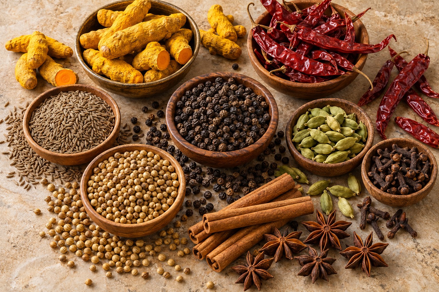 Assortment of whole Indian spices including turmeric, chillies, pepper, cumin and cardamom